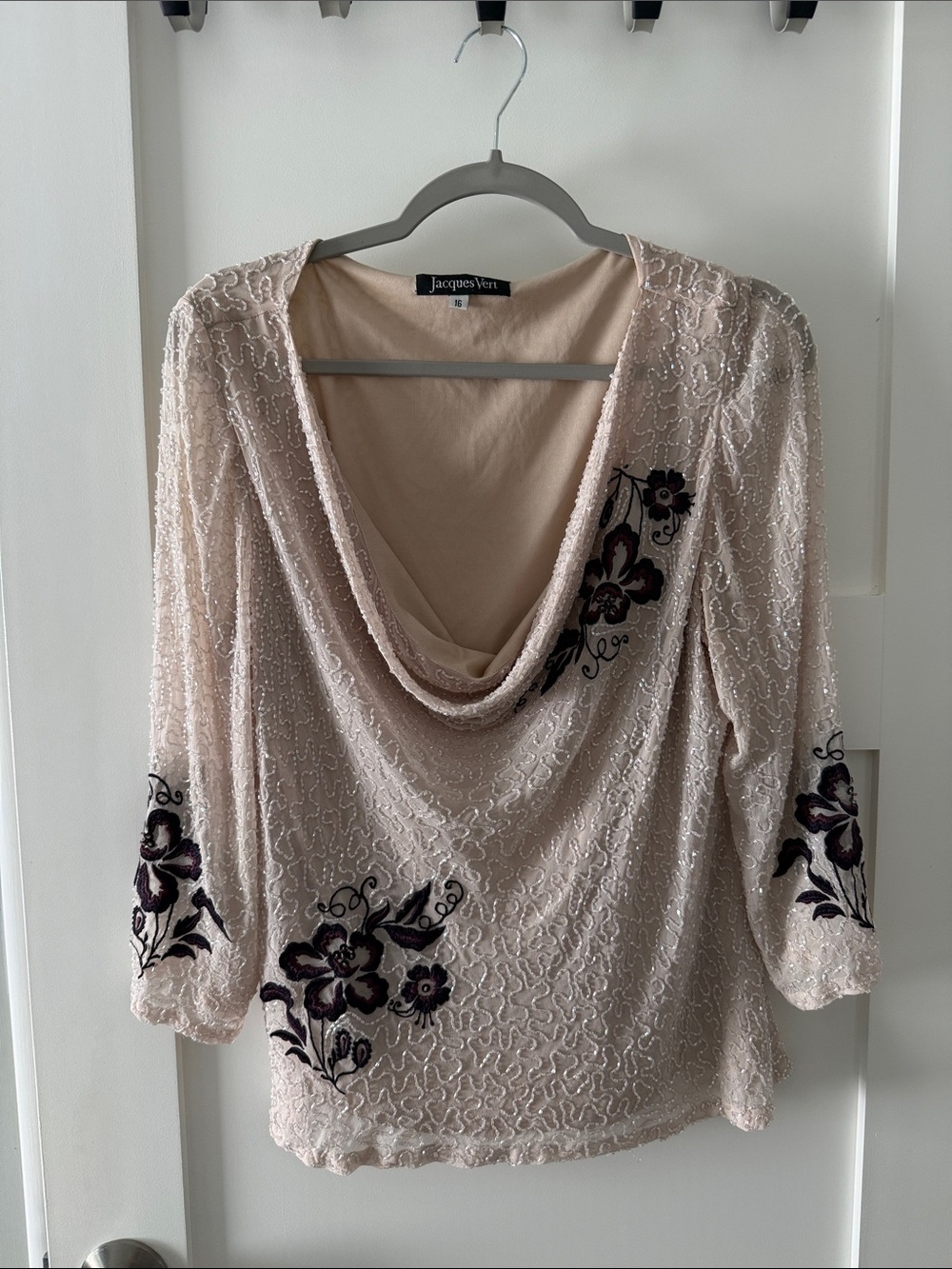 Jacques Vert Beaded Floral Drape Neck Blouse in Blush